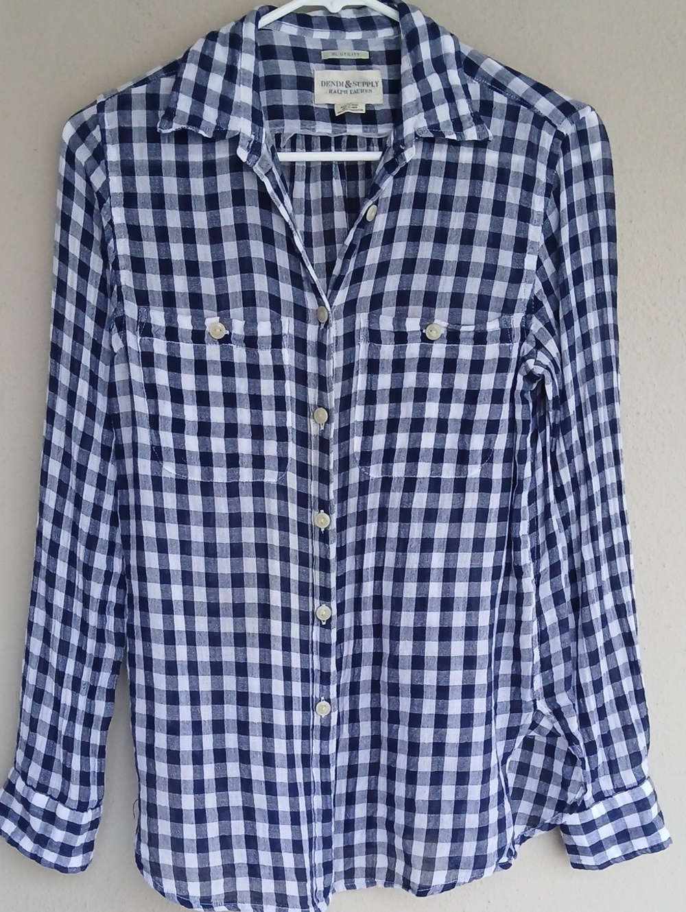 Ralph Lauren Navy and White Gingham Button-Down Shirt 100% Cotton Small